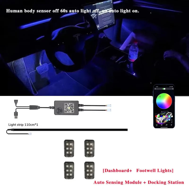 For Tesla Model 3 Model Y Car Ambient Light 60 Seconds Automatic OFF Module With USB Expansion Dock RGB APP Dashboard Lighting