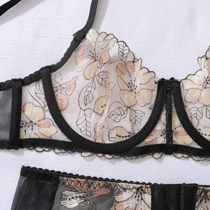 2026 European and American Bow Accessories Perspective Embroidery Splicing Mesh Sexy Body Shaping Underwear Four Piece Set