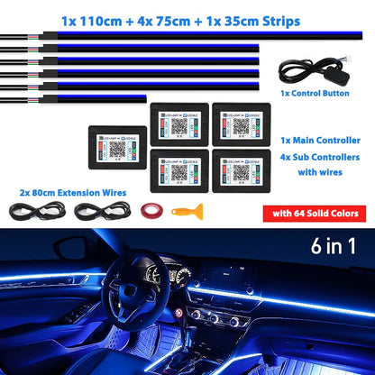 6/18/22 in 1 Led Acrylic Car Ambient Light RGB 64 213 Color Symphony Acrylic APP Streamer Rainbow Atmosphere Lamp Kit Dual Zone