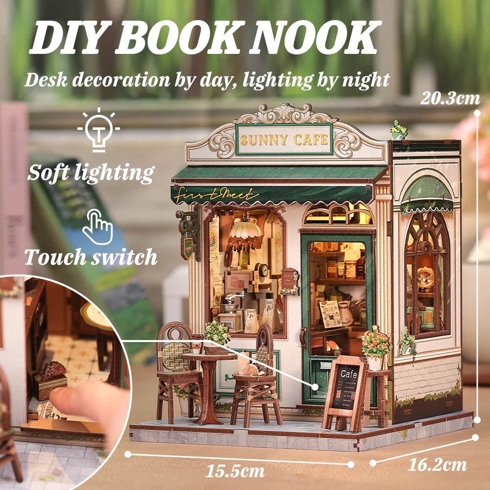 CUTEBEE DIY Book Nook Kit Miniature Wooden Dollhouse with Lights Bookshelf Insert 3D Puzzle Decor Model Sunny Cafe for Kids Gift