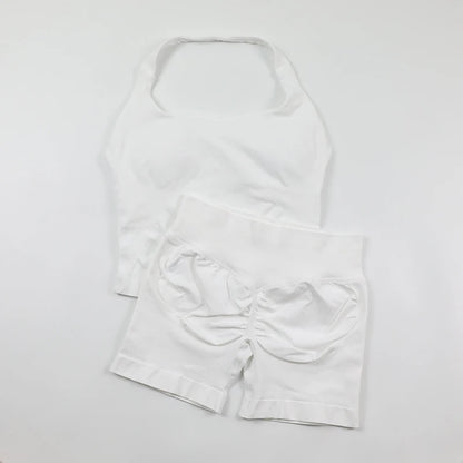 Women's Halter Neck Backless Yoga Set Seamless 2-Piece Outfit Ribbed High-Waist Scrunch Shorts Butt Lifting Gym Pilates Fitness