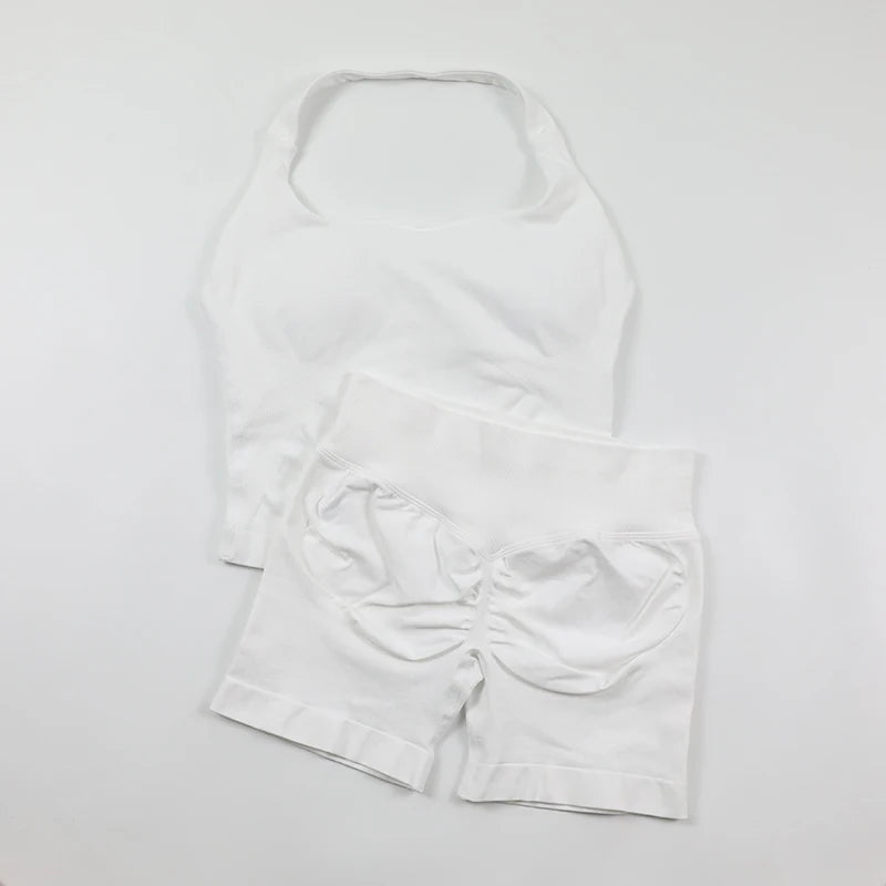 Women's Halter Neck Backless Yoga Set Seamless 2-Piece Outfit Ribbed High-Waist Scrunch Shorts Butt Lifting Gym Pilates Fitness