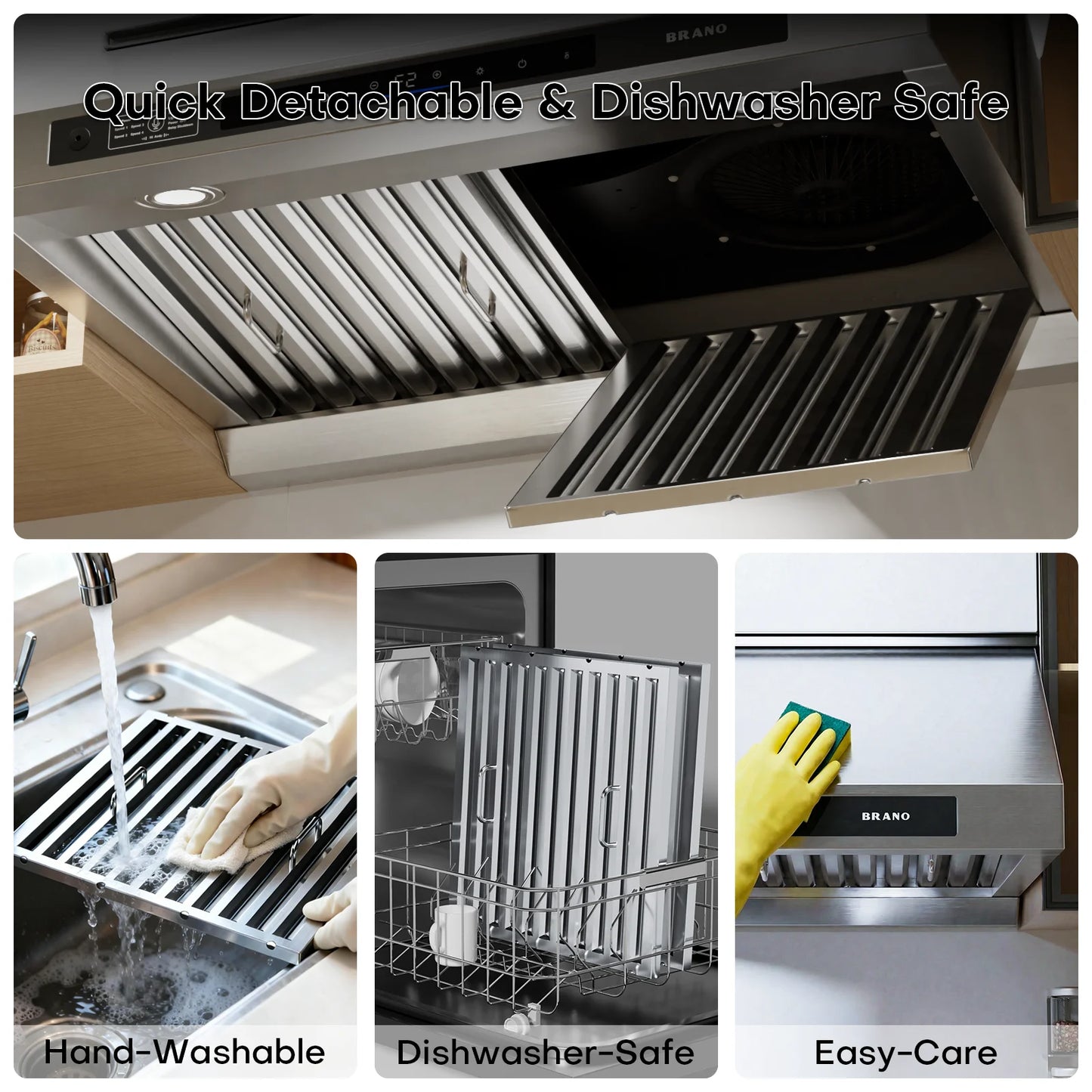 BRANO Under Cabinet Range Hood 30 Inch, 1200 CFM DC Motor Kitchen Hood with 6 Speeds Fan, Stainless Steel Ducted Vent Hood