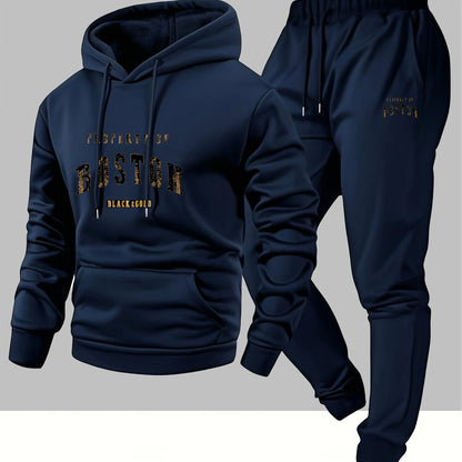 Men's Boston print hooded sweatshirt and sweatpants soft and comfortable thin velvet warm sweatpants set autumn and winter