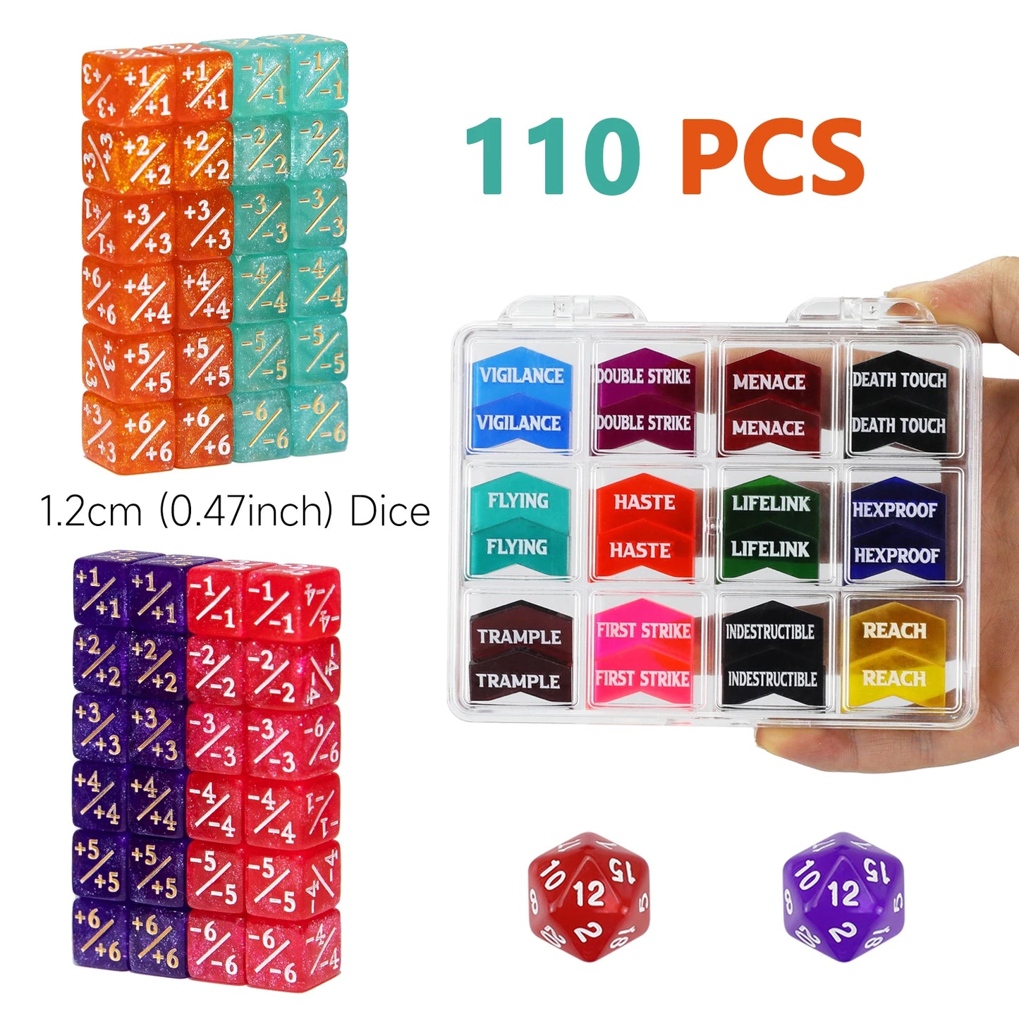 110PCS MTG Dice Tokens Set Keyword Counters +1/+1 & -1/-1 Counters 2xD20 Life Trackers, 12mm Size with Storage Box, Compatible
