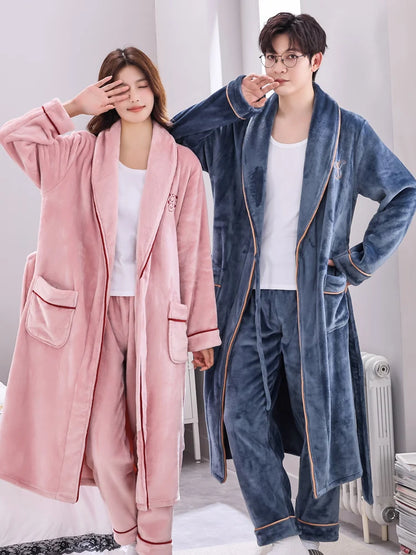 Thiened Long Coral Fce Pajamas Women's Spwear Winter Home Clothes Couple Batobes Men's plus Size Flannel Gown