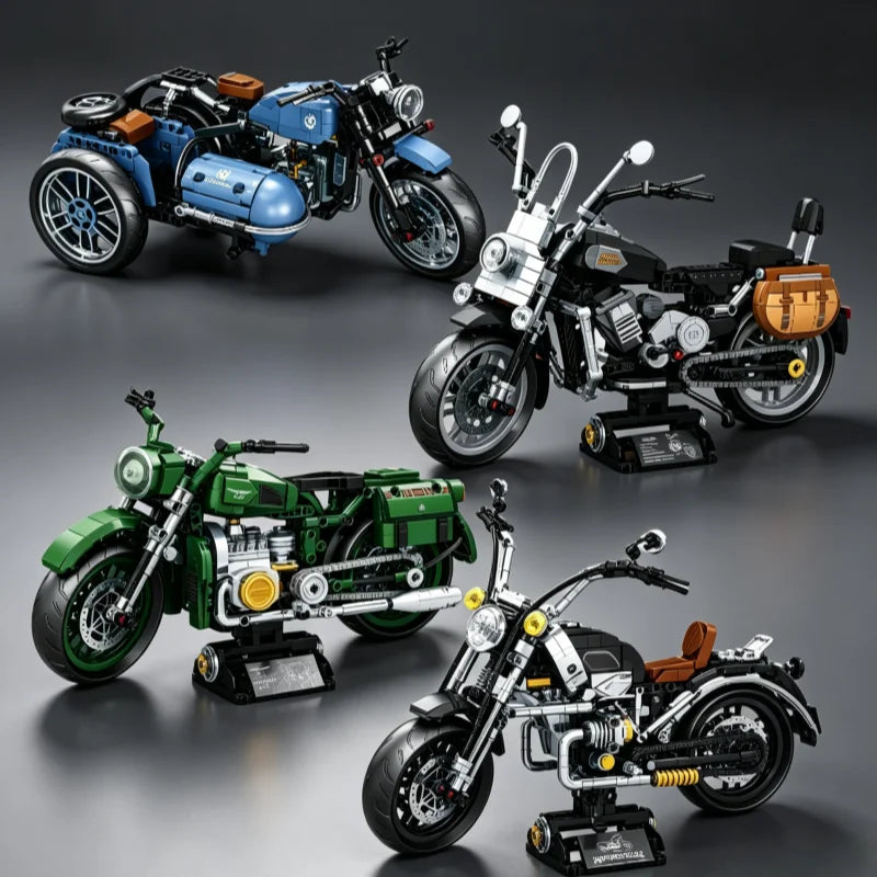 Retro sidecar motorcycle building block set, vintage three-wheeled motorcycle model with sidecar, MOC assembly building block to
