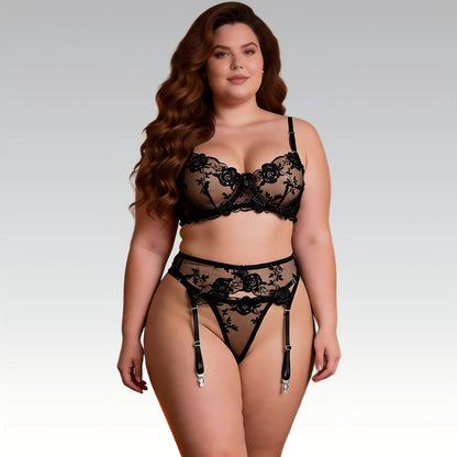 Plus Size 3XL Underwear Set Embroidery Underwire Garter Lingerie Set 3-Piece Bralette Lace Push Up Sensual Lingerie Woman