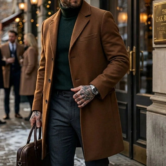 New Winter Men's Wool Blend Trench Coat Extended-Length Single-Breasted Design Business Casual-Mature Streetwear Coat Men