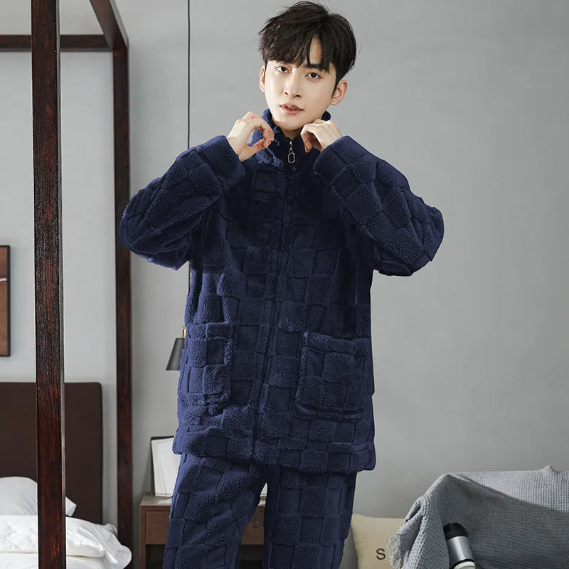2025 New Couple Sleepwear Men's Autumn Winter Stand Collar Zipper Thick Long Sleeve Coral Fleece Home Clothes Men's Pyjamas