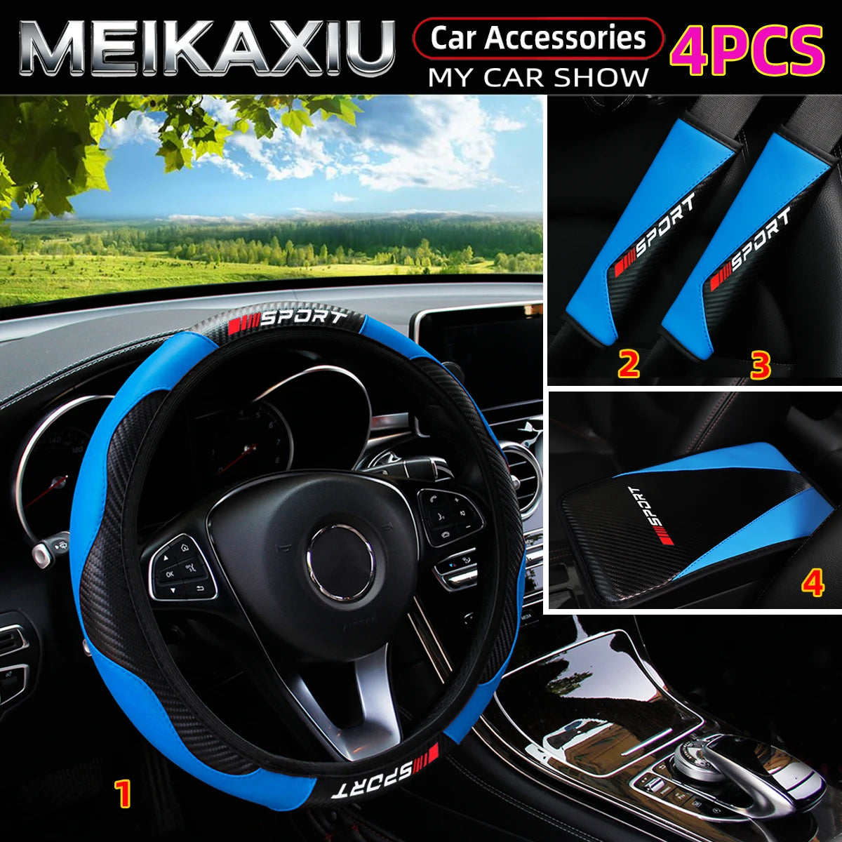 4PCS Carbon Fiber PU Leather Sport Car Steering Wheel Cover with Shoulder Guard And Armrest Pad Rimless Design for 37-38cm women