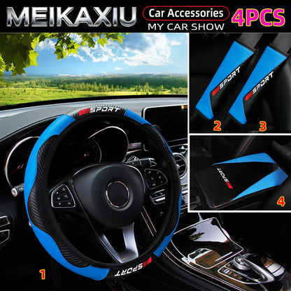 4PCS Carbon Fiber PU Leather Sport Car Steering Wheel Cover with Shoulder Guard And Armrest Pad Rimless Design for 37-38cm women