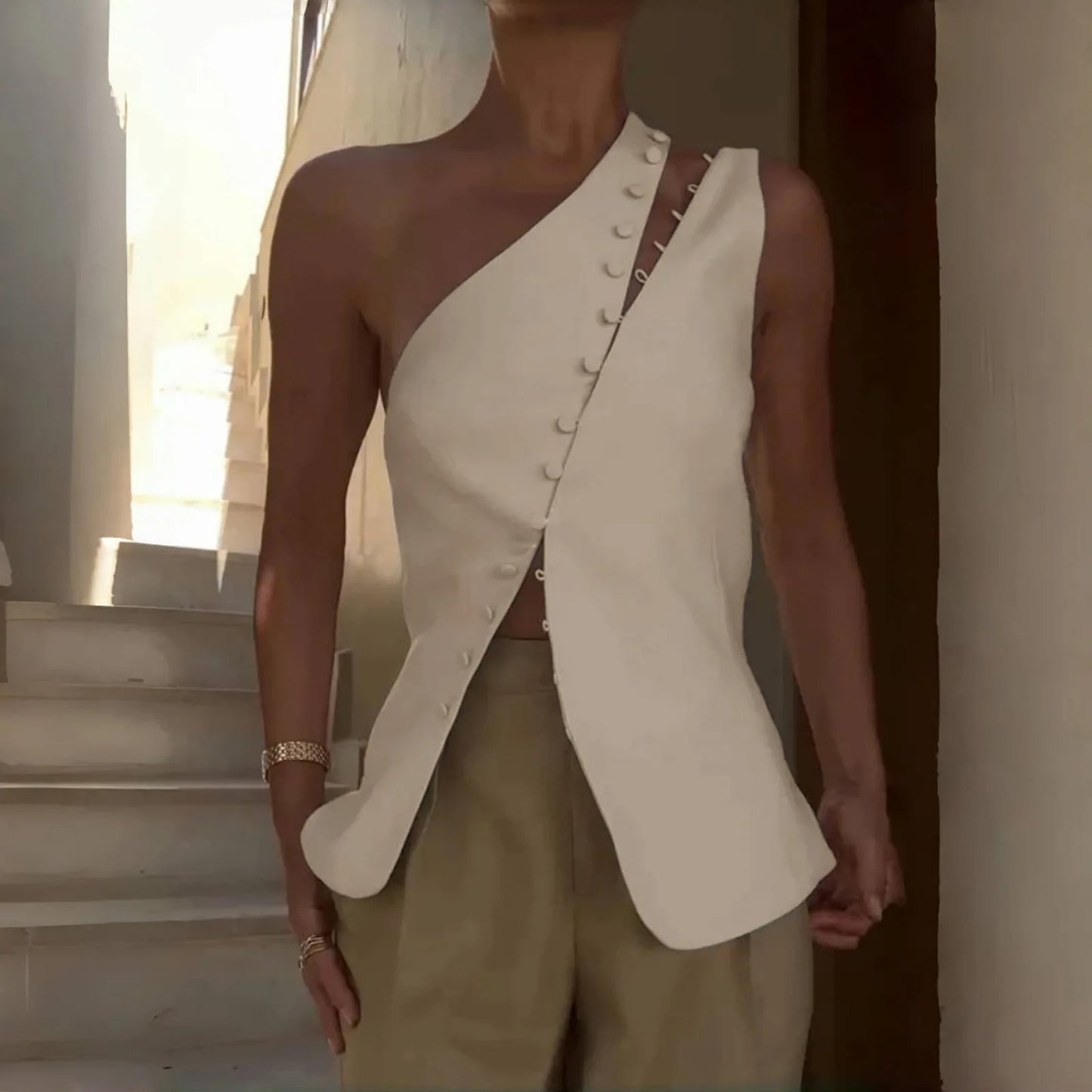 Cryptographic Elegant Asymmetrical Top with Hook and Eye Fashion Sexy Cut Out Backless Split Tops Slim Vest Summer Clothes