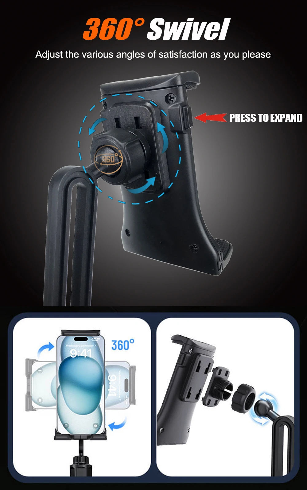 New Car Cup Holder Tray Adjustable with Phone Holder Tablet Tray Table 2 Cup Holders Road Trip & Car Traveling Essential Gadget