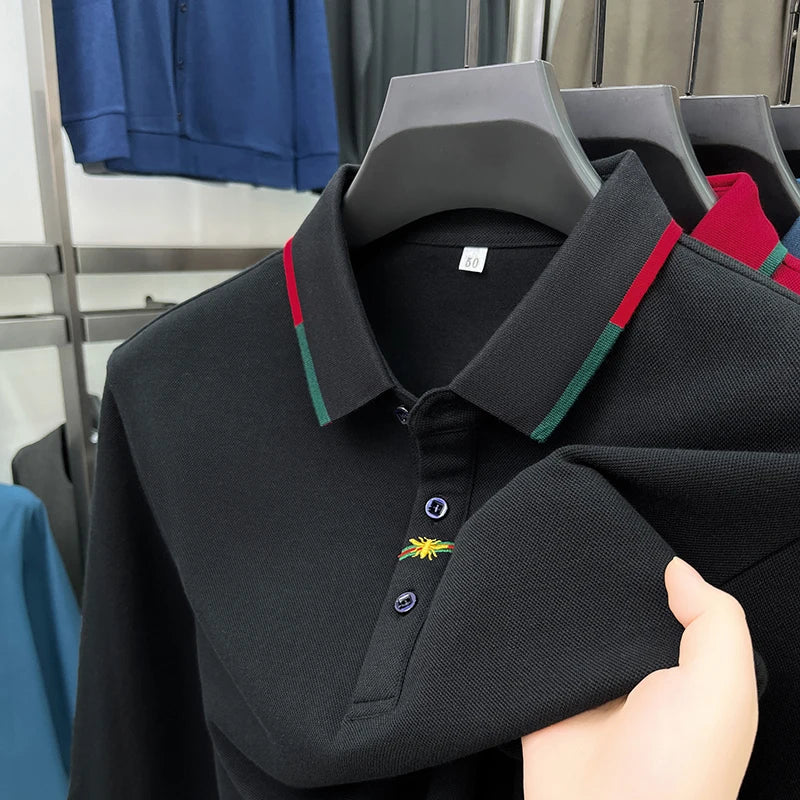 High End Brand Men's Embroidered Long Sleeve 100% Cotton Polo Shirt Business Casual Lapel Fashion Solid Color T-shirt Men's Wear