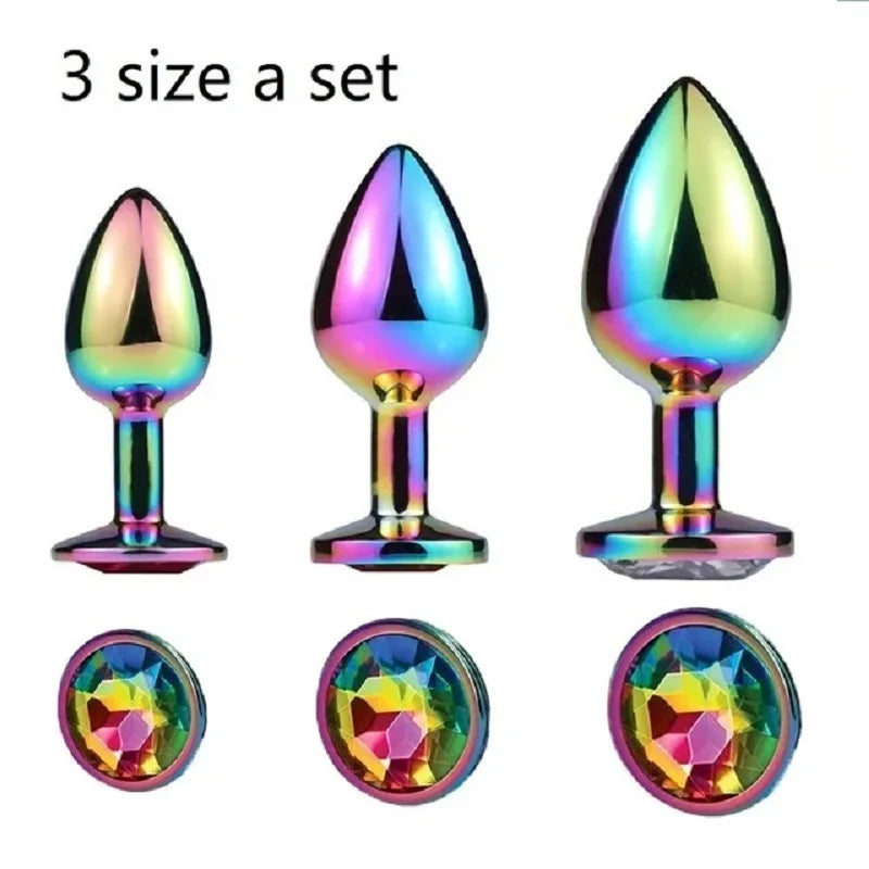 Rose Gold Rainbow Metal Anal Beads Butt Plug Set Colorful Crystal Mini Small Medium Large Anal Plug Jewelry Sex Toy Insert