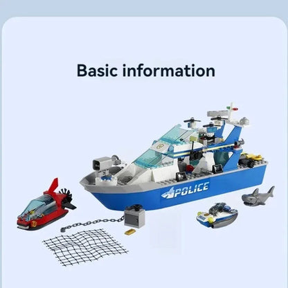 Building blocks children's City Series  Police Patrol Boat Ship Assembly City group police boat boy MOC Gift Assembly Toy