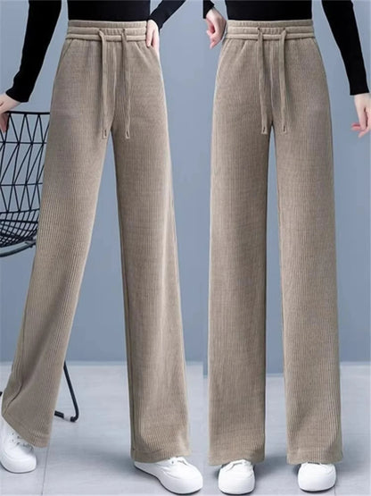 Thickened Fleece Wide Leg Pants Women's Casual Straight Cut Trousers Autumn Winter New Style High Waist Cotton Elastic Waist