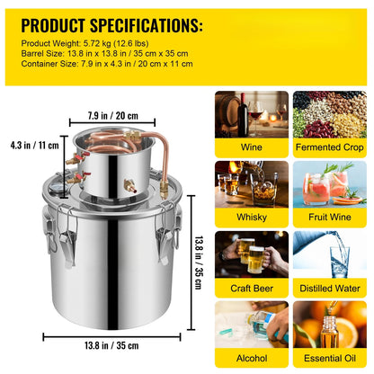 3 5 8 13 Gal Distiller Alambic Moonshine Alcohol Still Stainless Copper DIY Home Brew Water Wine Essential Oil Brewing Kit