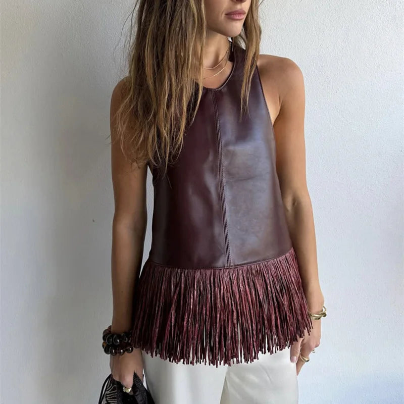 Tossy Female Tassel Backless PU Tank Top Sexy Patchwork Slim Summer 2026 New High Waist Commute Top Women's PU Leather Top Vest
