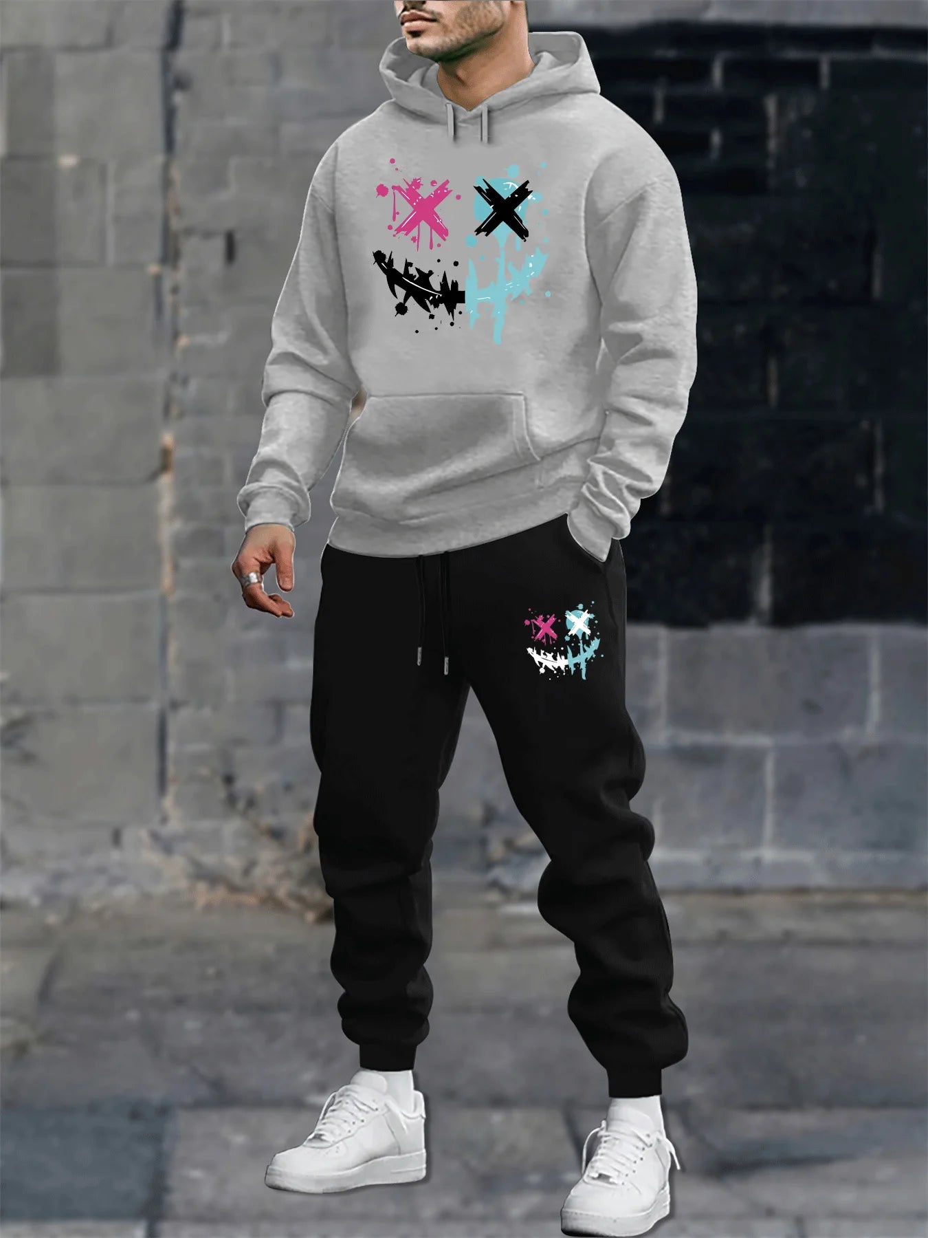 Men's autumn and winter casual fashion warm smiling face pattern printed loose plush thick hooded sweatshirt+sweatpants set