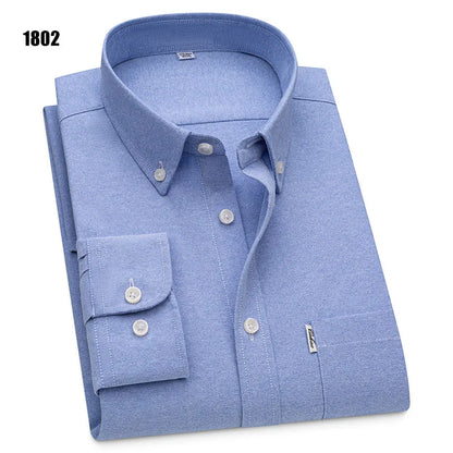 Men's 100% Pure Cotton Oxford Solid Long Sleeve Shirts Business Social Formal Shirts Male Single Pocket Designer Classic Clothes