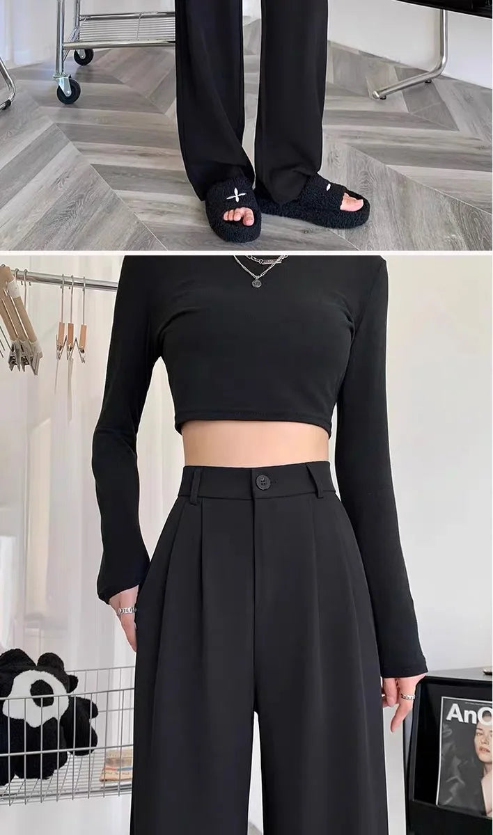 High Waist Straight Leg Suit Pants Women's Summer Thin Large Size Fat MM Hip Covering Slim Wide Leg Trousers Korean Style