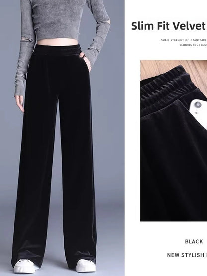 Slim Fit Velvet Wide Leg Pants Winter New Style plus Size Warm Fleece High Waist Elastic Korean Velvet Pants for Women