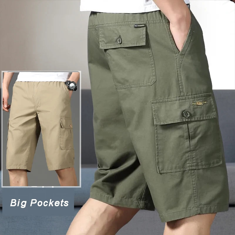 Summer Zipper Pocket Workwear Shorts Mens Knee Cargo Pants 2026 Cotton Shorts Men Climbing Jogger Elastic Waist Sports Work Wear