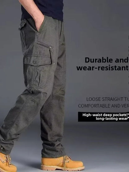 Men's Workwear Trousers High Waist Large Size Casual Pants Cuffed Tactical Long Pants Multi-Pocket Wear-Resistant Loose Fit