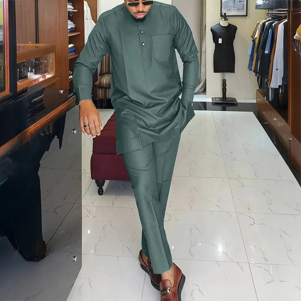 Fashionable Ethnic Embroidered Long Sleeve Long Pants Suit for Men New 2026 Style Summer Season round Neck Single Button Closure
