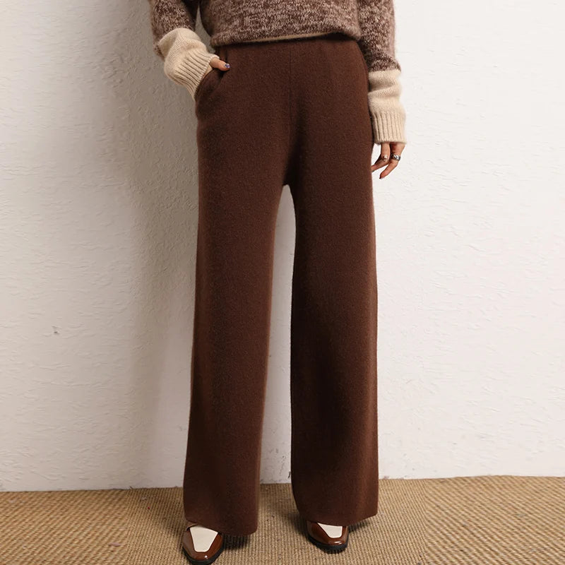 Women's 100% Cashmere Wide Leg Pants Knitted Thick Autumn/Winter Casual Solid Color Elastic Waistband Pockets