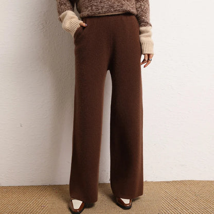 Women's 100% Cashmere Wide Leg Pants Knitted Thick Autumn/Winter Casual Solid Color Elastic Waistband Pockets