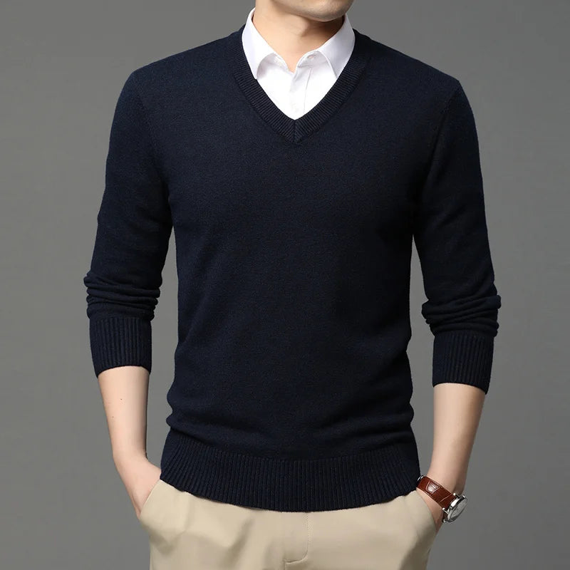 2025 High Quality New Fashion Brand Woolen Knit Pullover V Neck Sweater Black For Men Autum Winter  Casual Jumper Men Clothes