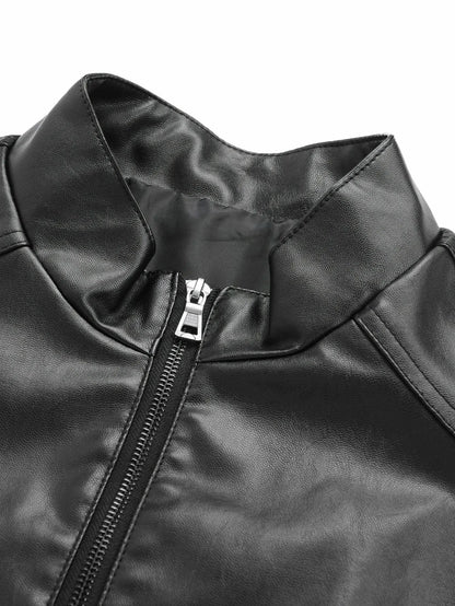 Men's Small Stand-Up Collar Leather Jacket, Windproof and Warm, Stylish and Form-Fitting, Suitable for Daily Commuting, Street Wear, Autumn and Winter Outings, Casual Gatherings with Friends, Casual Entertaining, and Short Tr