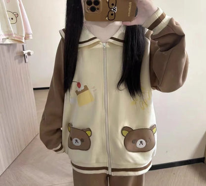 Cute Bear Hooded Zipper Jacket Sweatshirt Set Long Sleeve Autumn Winter Outfit Straight Leg Pants Medium Length Skirt