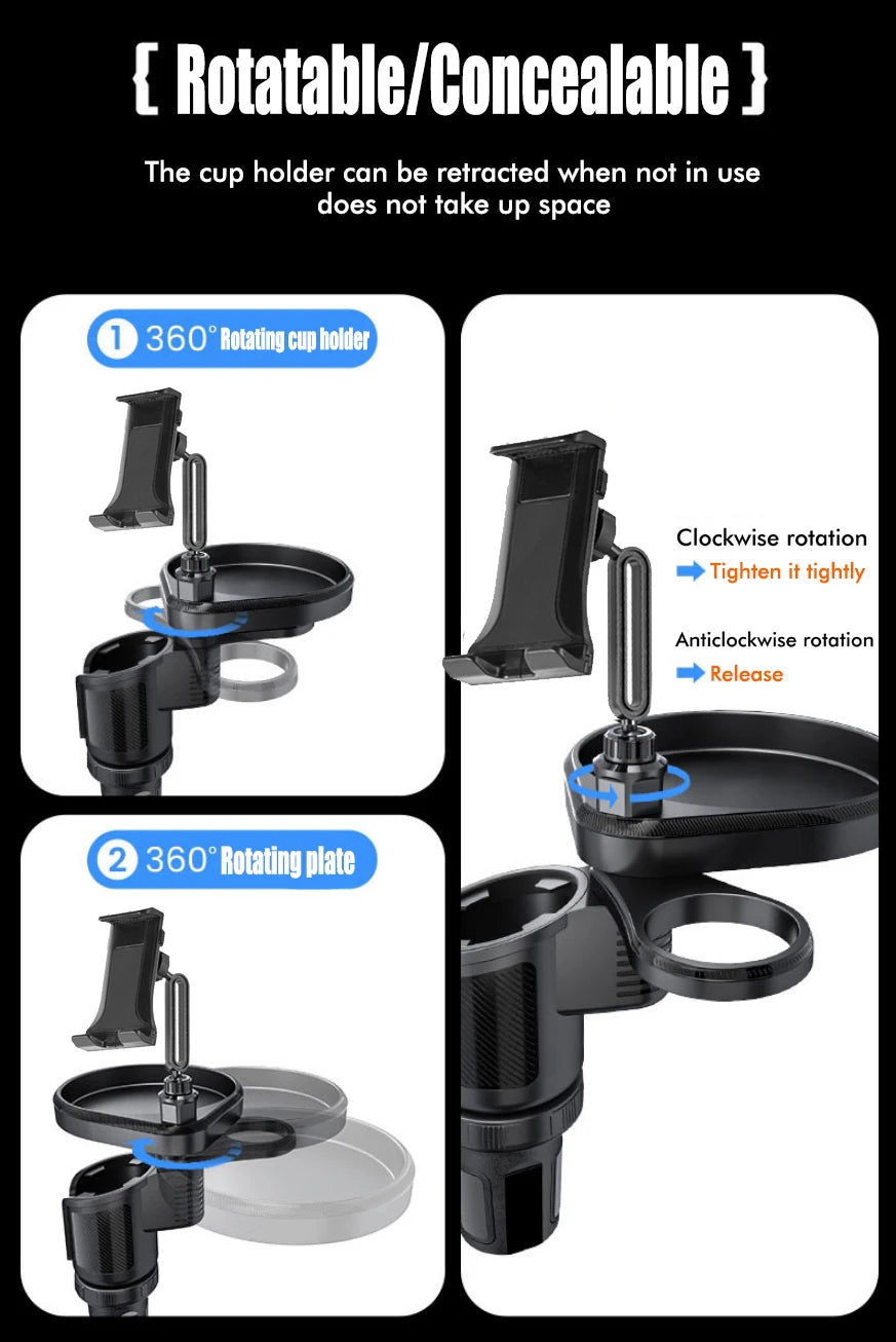 New Car Cup Holder Tray Adjustable with Phone Holder Tablet Tray Table 2 Cup Holders Road Trip & Car Traveling Essential Gadget