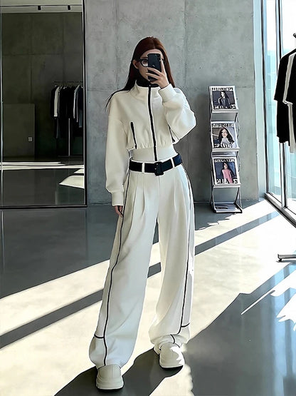 Winter Fashion Short Zipper Jacket High Waist Wide Leg Pants Two Piece Set Simple Design Casual Style Polyester Fabric