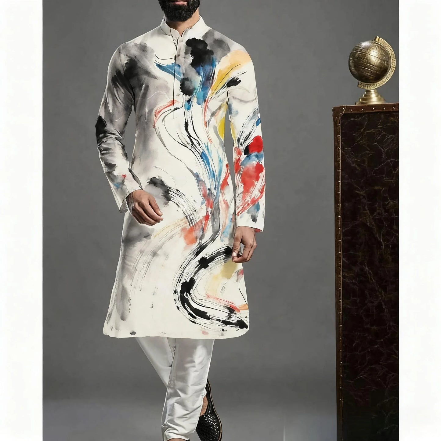 2026 Muslim Tops Men's Ethnic Style Long-sleeved Stand-up Collar Shirts Casual Slim Irregular Ropa Musulmana Hombre