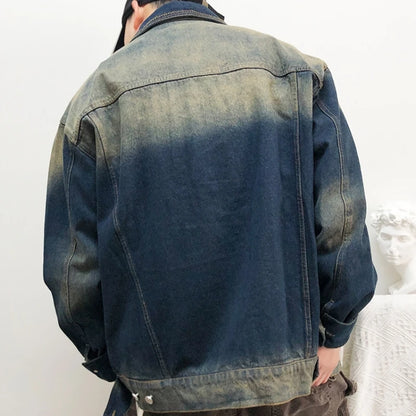 American Vintage Heavyweight Denim Jackets For Men Distressed Washed Fade Korean Streetwear Casual Coat Outerwear High Quality
