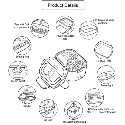 us USA Local Fast Shipping 1.5L Portable Electric Lunch Box, 60W Food Heater for Car & Home, Leak-Proof with Stainless Steel Container, Insulated Heating Student Lunch Box, Hot Waterless Heating Rice Box, 12V/24V Car Plug, In