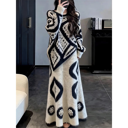 Soft Knitted Set Women's Winter Sweater  Skirt Two-Piece Set Elegant Unique Beautiful Whole Set Fashionable Fre...