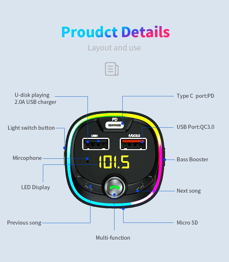 Car FM transmitter, wireless 5.0 QC3.0 & PD 18W USB-C car charger, RGB backlit car receiver, supports hands-free calls, Siri Goo