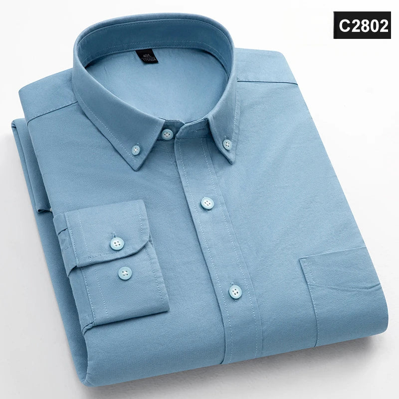 Classic Fit Fashion 100% Cotton Long-Sleeve Shirt for Men Single Pocket Slim Fit Casual Top Soft Oxford Solid Color Office Cloth
