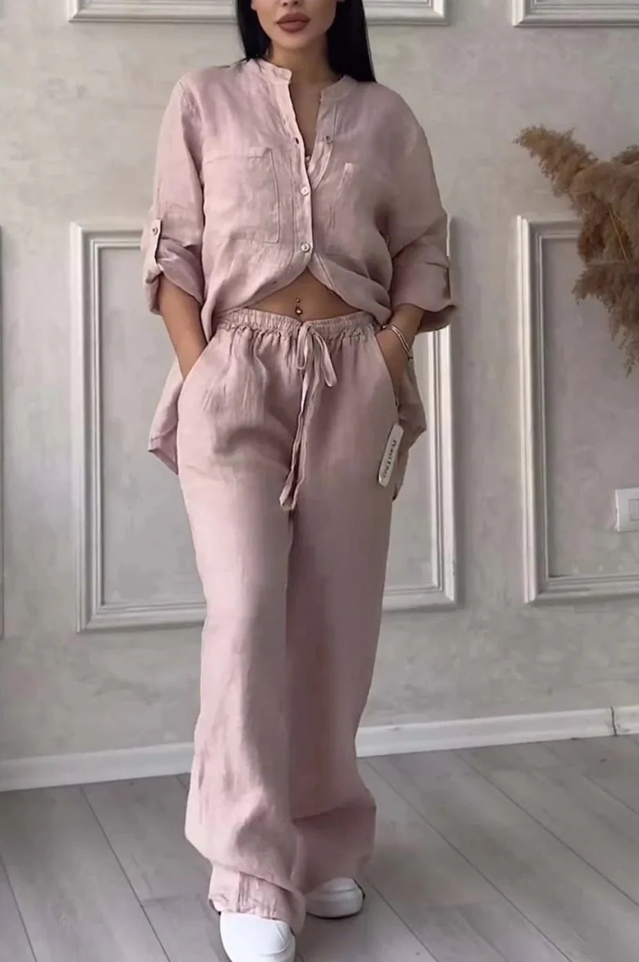 Women's  Color Long Sleeve Shirt And Wide Leg Pants Two-Piece Set Button-Up Tie Waist Long Pants Fashionable Ensemble