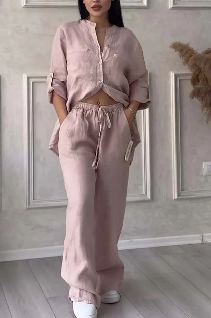 Women's  Color Long Sleeve Shirt And Wide Leg Pants Two-Piece Set Button-Up Tie Waist Long Pants Fashionable Ensemble