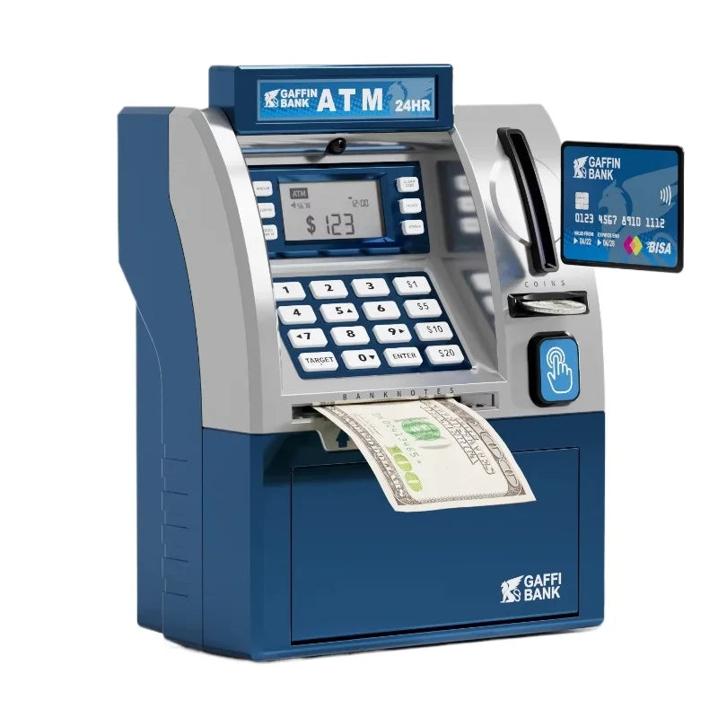 Children Mini Bank Electric ATM Machine Simulation Savings Piggy Bank with Power-Off Memory and Debit Card Pretend Toys for Kids