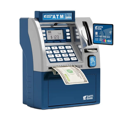 Children Mini Bank Electric ATM Machine Simulation Savings Piggy Bank with Power-Off Memory and Debit Card Pretend Toys for Kids