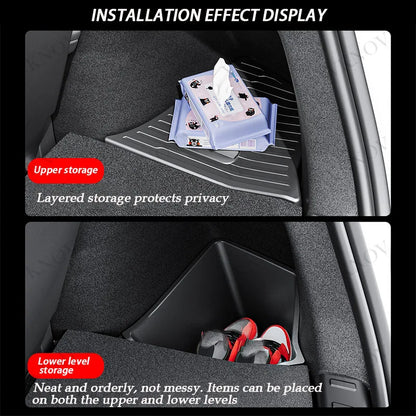 For Tesla Model YL Rear Trunk Side Storage Bucket Left Right Organizer Box Waterproof Car Cargo Storage Container AutoAccessorie