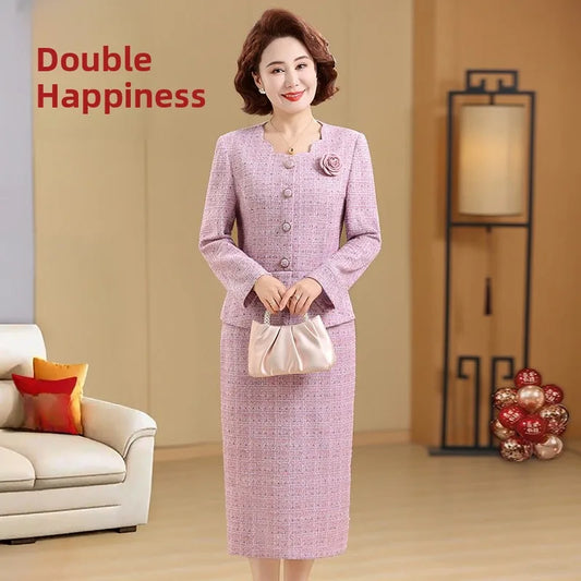 Spring 2026 New Style Small Fragrance Wind Fake Two-Piece Dress Set Elegant Ladylike Mommy Clothes Long Sleeve High Waist